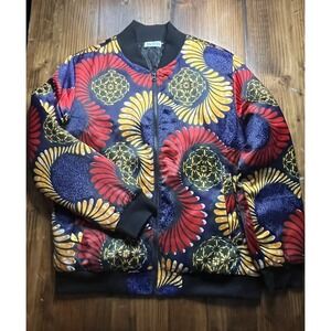 MuToTo African Print Bomber Jacket Womens Small Blue Red Yellow Quilted Lining
